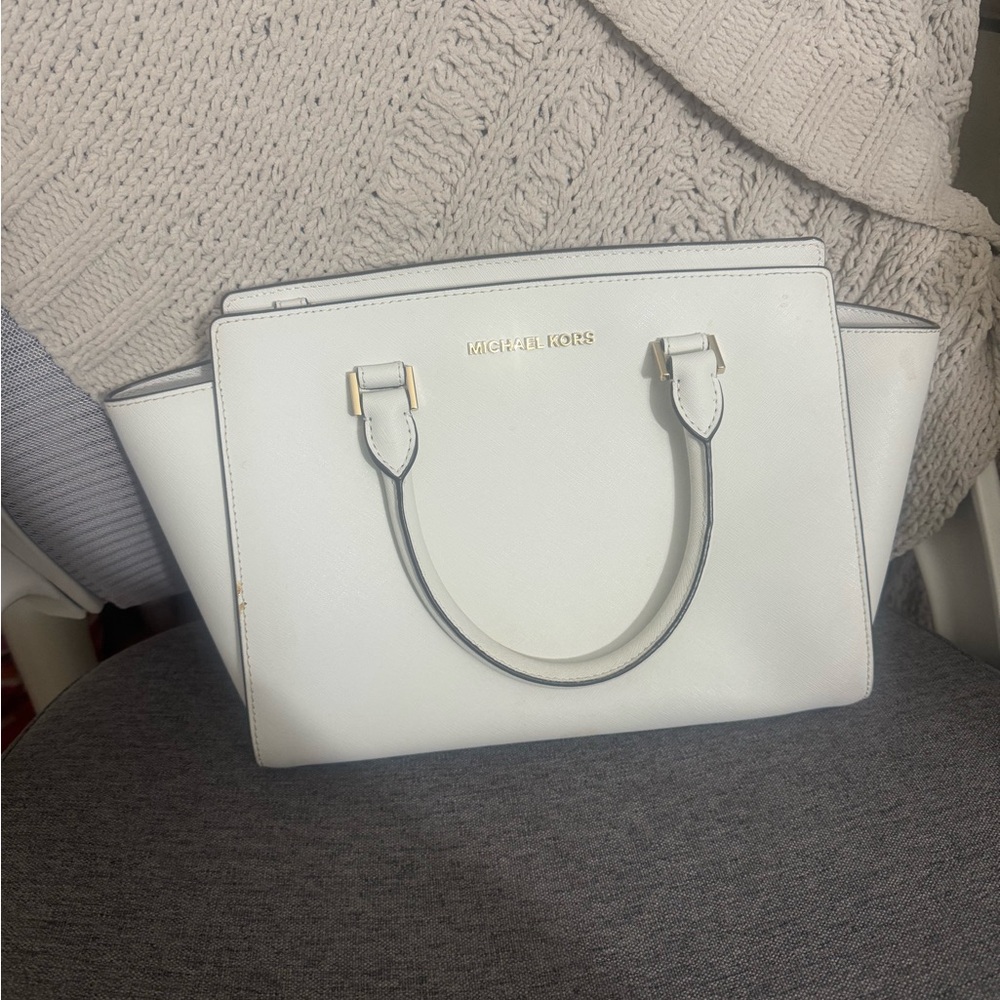 Michael Kors White Leather Satchel with Gold Hardware